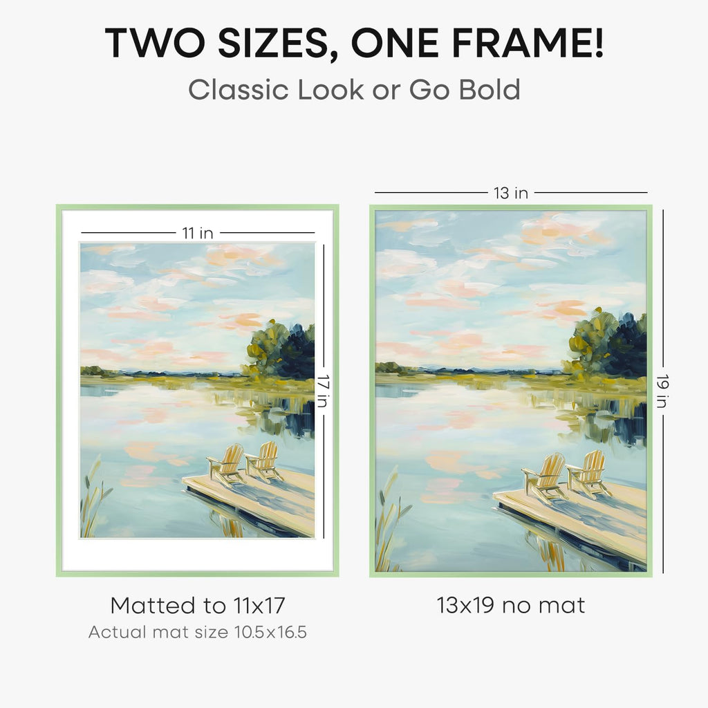 Homeforia 13x19 Picture Frame Sage Green, High End Metal 13x19 Poster Frames with Mat 11x17 inch Photo, 13 x 19 Sage Green Frame Matted to 11 by 17 Art, 19x13 Frame, Tempered Glass, Wall Kit, Set of 2