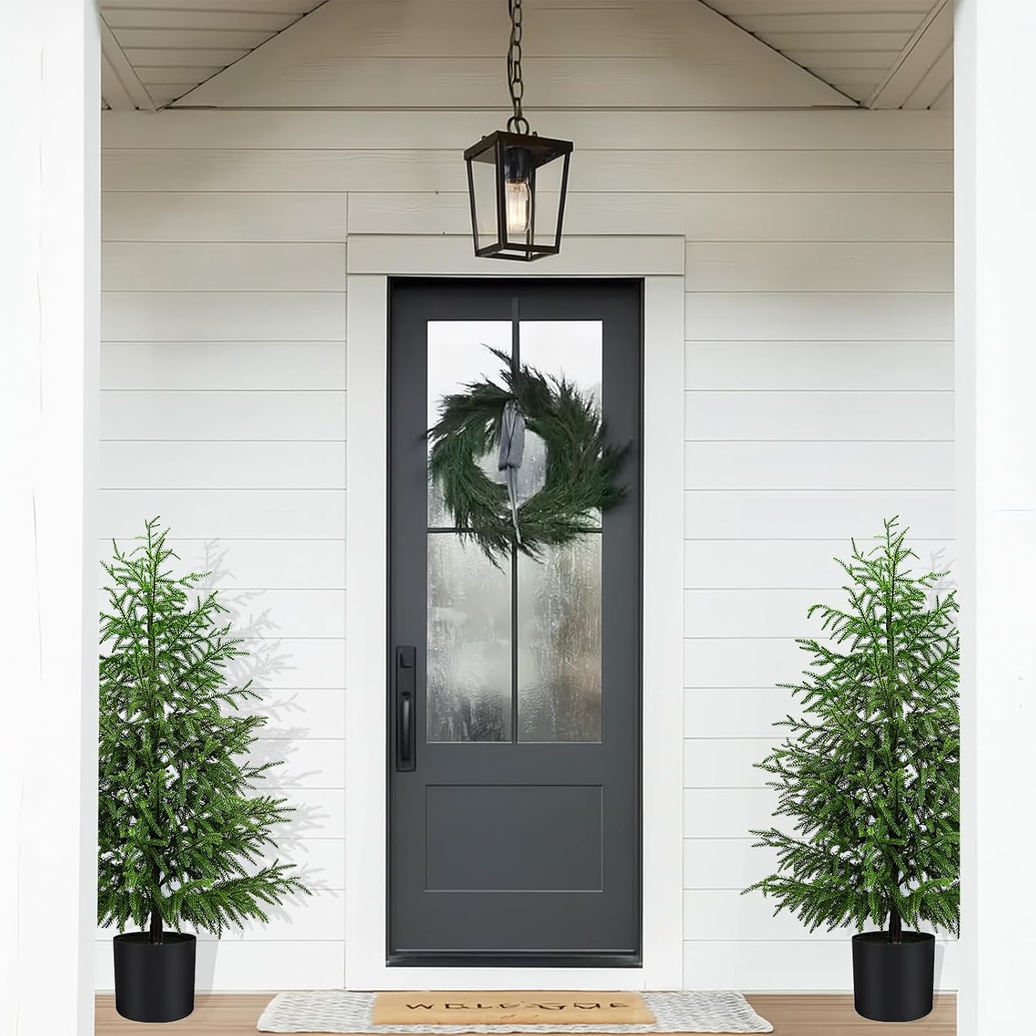 Norfolk Pine Christmas Tree Real Touch Faux Tree with Black Pot, Realistic Indoor Holiday Decor fo Christmas Entryway, Living Room Office (4FT-2Pack)