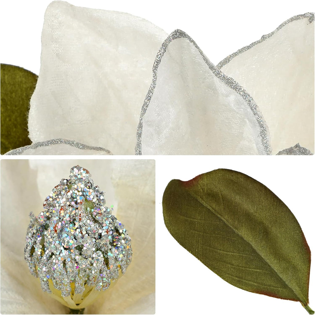 Briful Set of 3 Artificial Christmas Magnolias Flowers – 30’’ Long Stem Faux Magnolia Stems for Tree Ornaments, Holiday Centerpieces & Christmas Decor, White