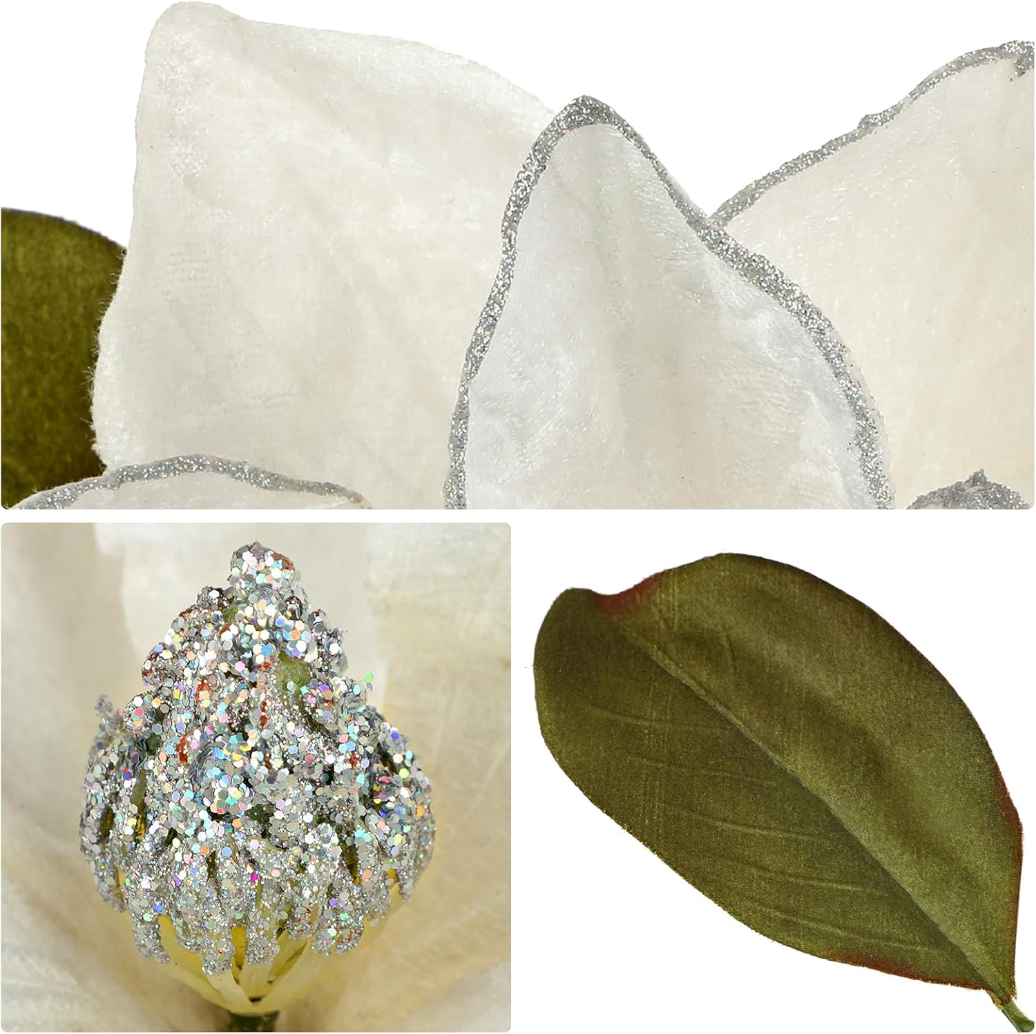 Briful Set of 3 Artificial Christmas Magnolias Flowers – 30’’ Long Stem Faux Magnolia Stems for Tree Ornaments, Holiday Centerpieces & Christmas Decor, White