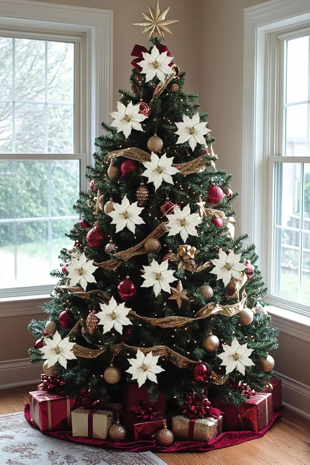 Hollyone 3PCS Poinsettia Christmas Flowers Artificial 11" Large White Glitter Poinsettia Flowers Christmas Tree Ornaments Floral Picks for Tree Wreath Garland Vase Table Centerpiece Home Deco