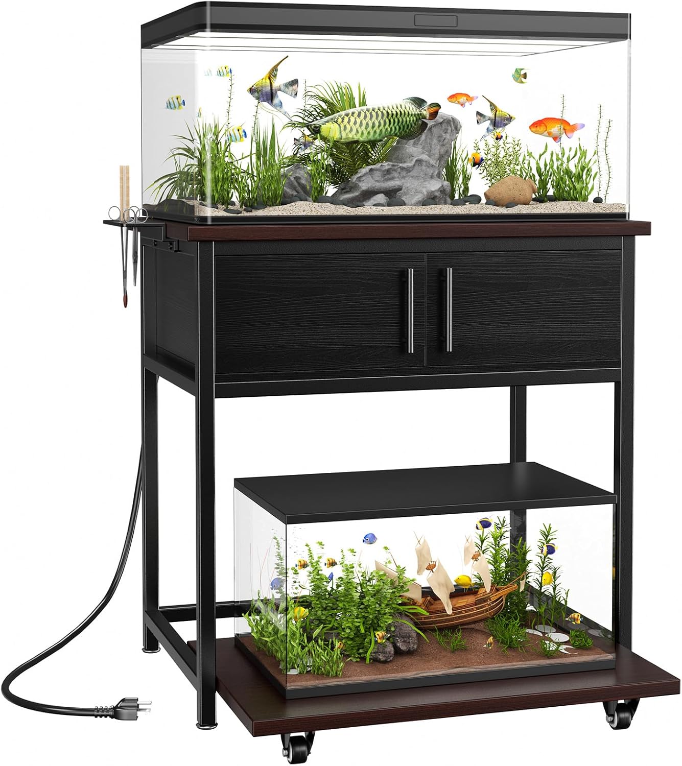 20-29 Gallon Fish Tank Stand with Power Outlet and Storage Cabinet,Aquarium Stand with Slide-Out Fish Tank Shelf,Heavy Duty Metal Frame and Waterproof Wood,31.5" L x 15.7" W 770LBS Capacity