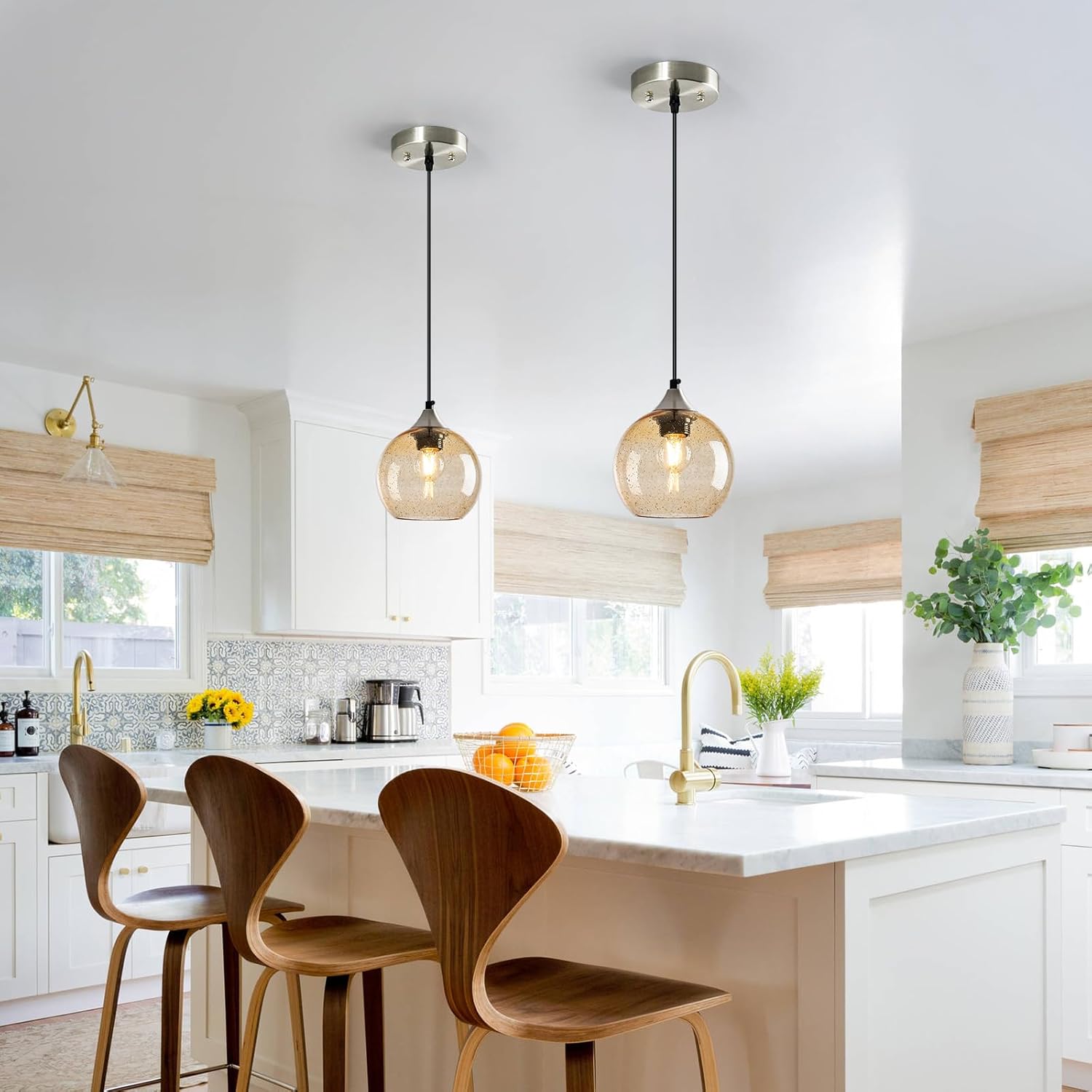 Light Brown Glass Pendant Lights Kitchen Island Globe Pendant Light Fixtures Modern Pendant Lighting for Bedroom Living Dining Room Light Fixture (5.9 in, 2 Pack)