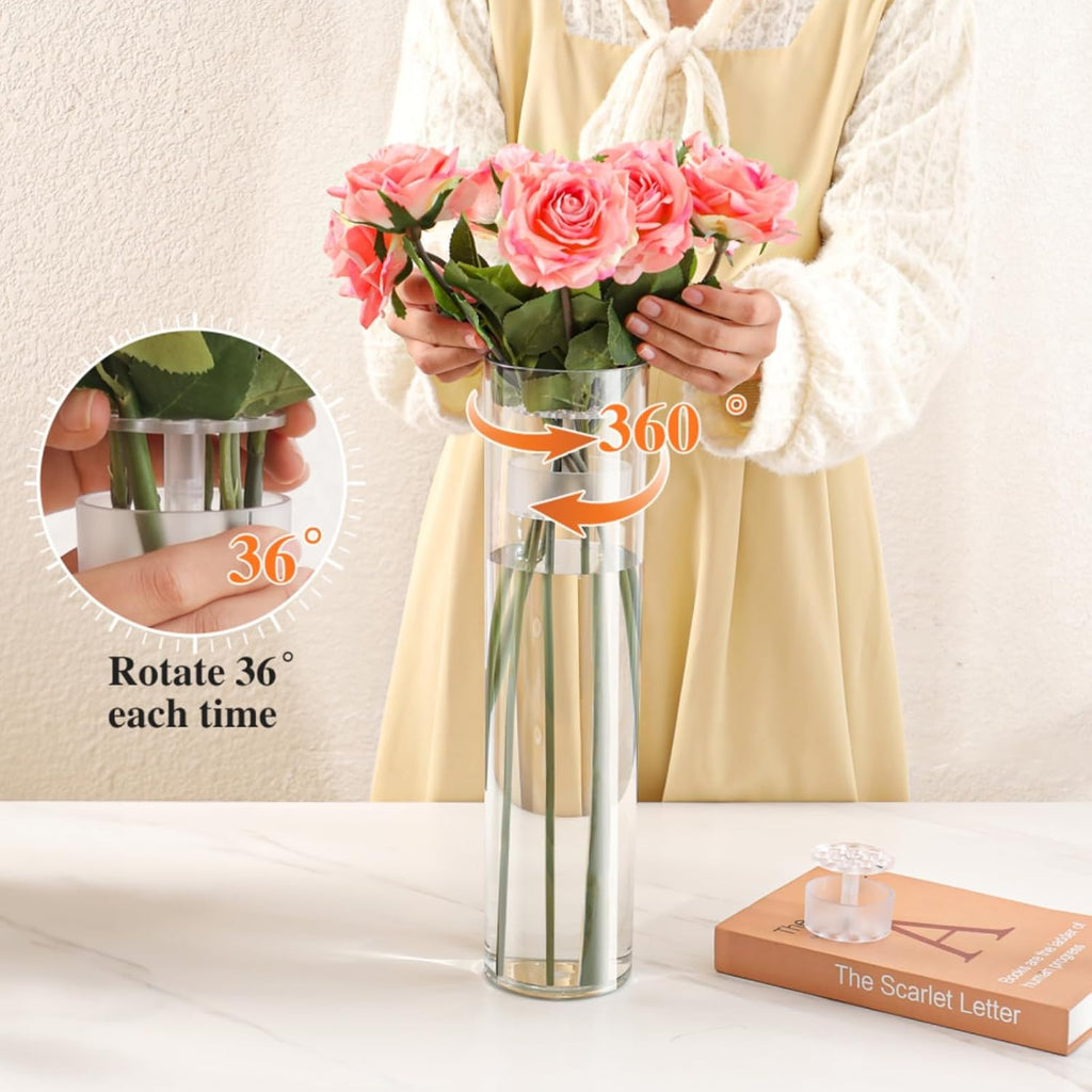 3 Large Acrylic Clear Cylinder Vase Set with 2 Spiral Ikebana Stem Holder Ring, Unbreakable Tall Plastic Hurricane Vases for Wedding Centerpieces Flower Bouquet Decor (3 Vases + 2 Holder)