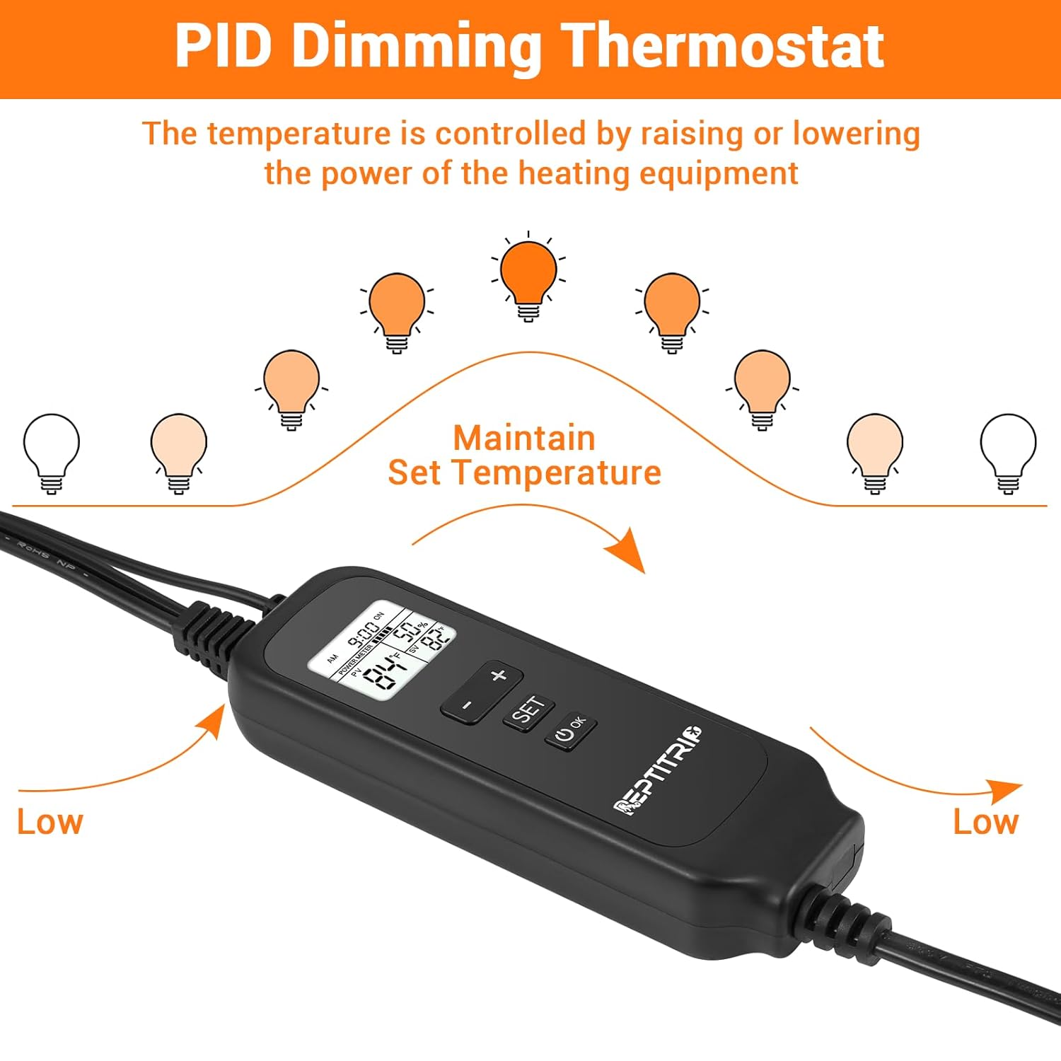 Reptile Dimming Thermostat, Adjustable Day and Night Temperature, Thermostat for Reptile Heat Lamp Heat Pad, PID Temperature Controller, Memory Function, ℉/℃