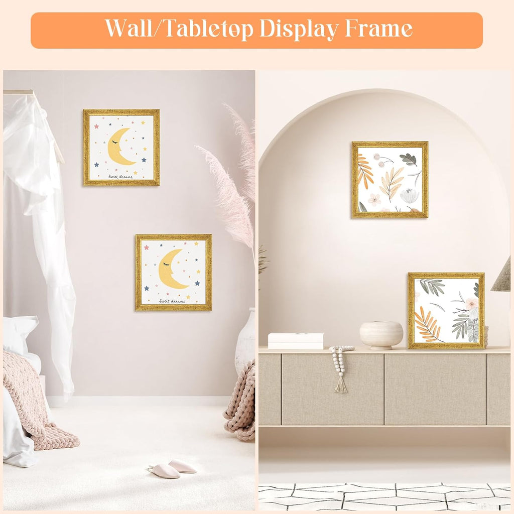 Wood 8x8 Frame Gold, Ornate Natural Wooden 8x8in Picture Frames, Modern Golden 8 x 8inch Gallery Photo Pic Frame with HD Plexiglass, Horizontal Vertical Wall Mounting Tabletop Display 1Pcs