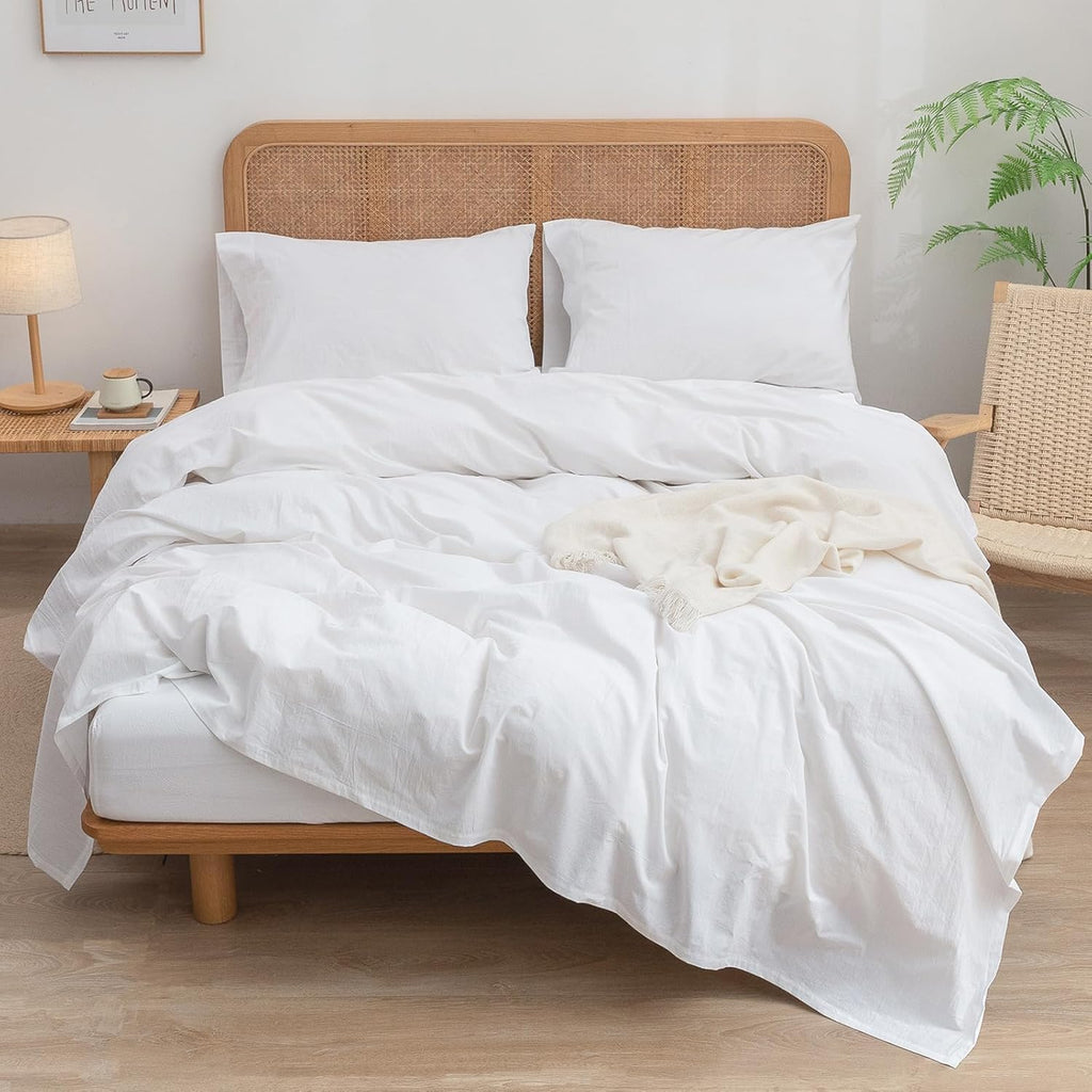 BESTOUCH Sheet Set 100% Washed Cotton Linen Feel Super Soft Comfortable Chic Lightweight 4 Pcs Home Bedding Set Solid Bright White Cal King