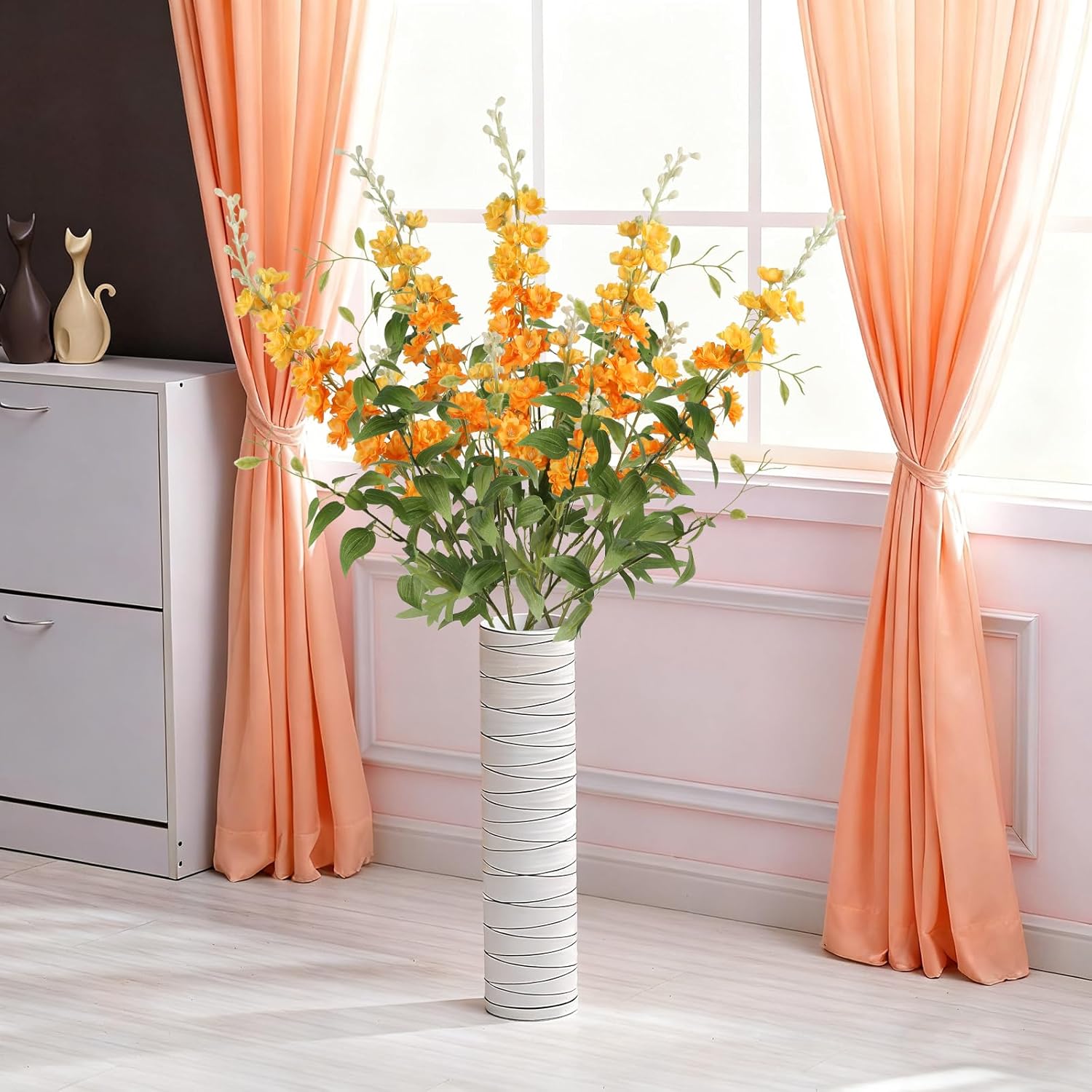 IPOPU 9Pcs Orange Artificial Delphinium Flowers Combo Clematis Greenery Stems, 33.5" Long Stem Larkspur for Wedding Centerpieces, Bridal Bouquet, Home Party Table Decor (Orange)