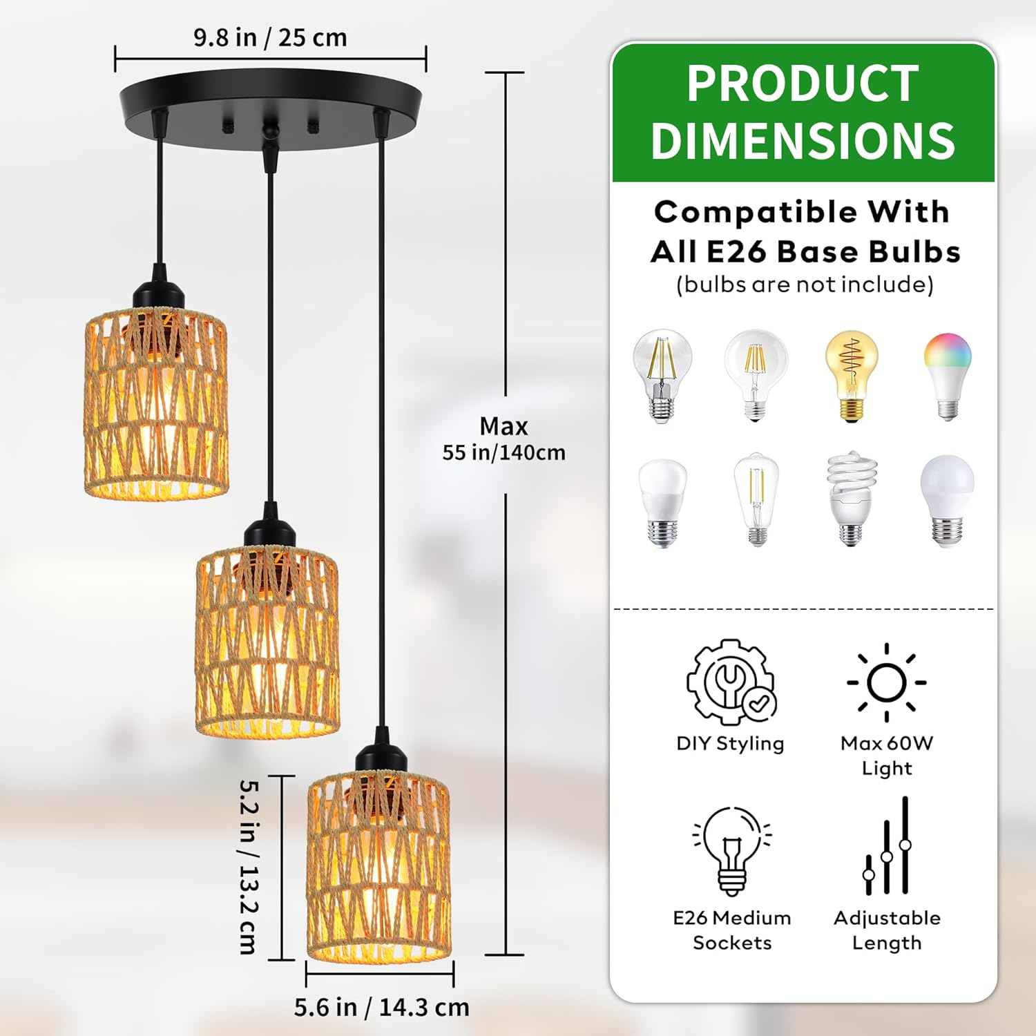 3-Light Rattan Pendant Light, Farmhouse Boho Hanging Light Fixture with Hand-Woven Wicker Shades for Dining Room, Kitchen Island, Bedroom, Living Room, Foyer, Hallway