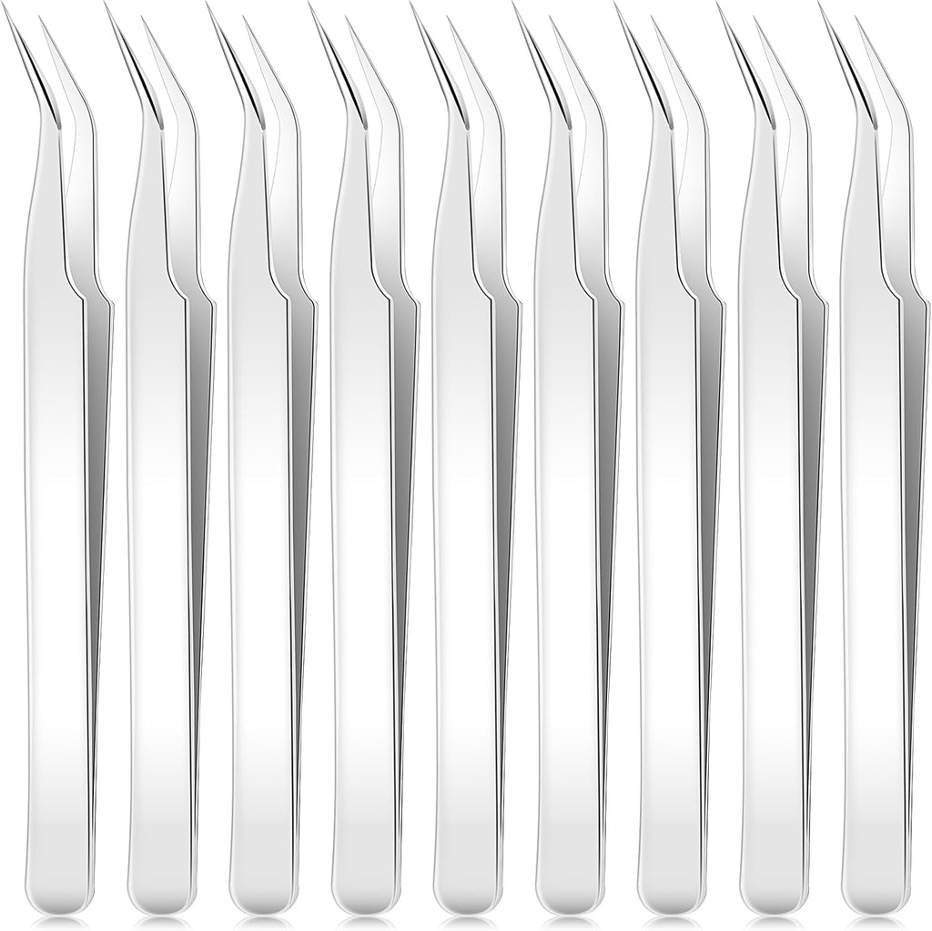 Honoson 9 Pieces Curved Pointed Craft Tweezers Stainless Steel Precision Tweezer with Protective Cover for Rhinestones Dried Flowers Craft Stickers Eyelash Extension Jewelry Making(Silver)