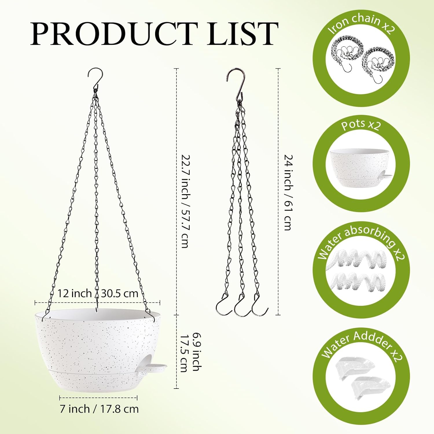 12 Inch Hanging Baskets 2 PC with Chains, Self-Watering Hanging Planters for Indoor Outdoor Plants, Plastic Hanging Flower Pots,Speckled White