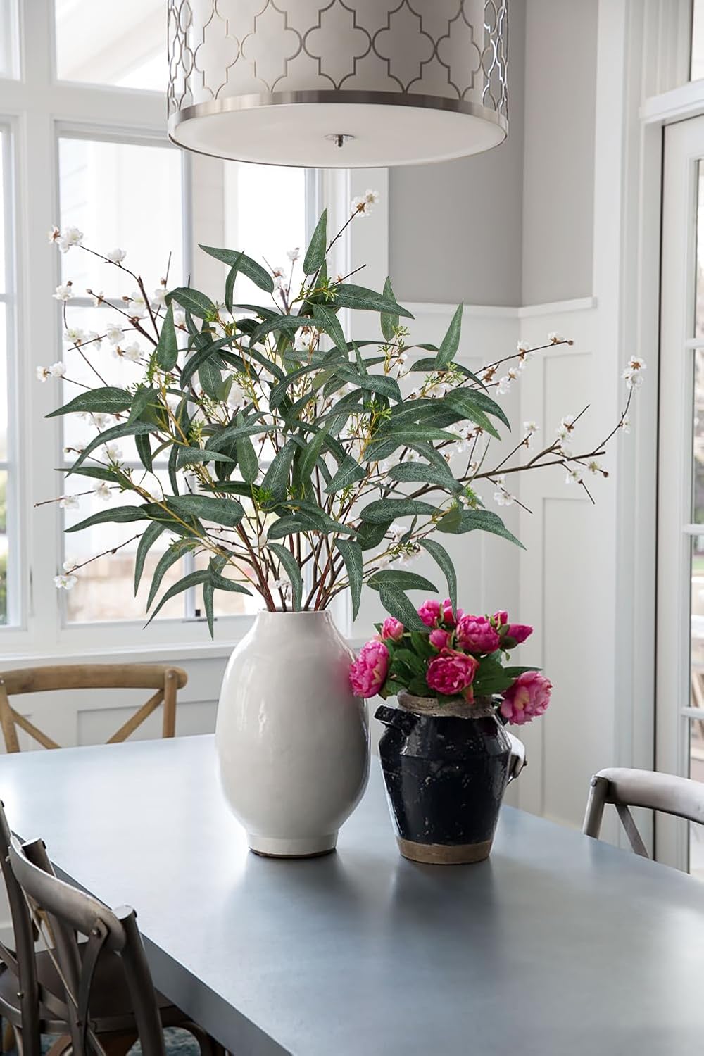 Faux Eucalyptus Stems Willow Eucalyptus Leaves 34” Long Fake Salix Leaves 3 Pcs Artificial Greenery Stems for DIY Bouquet Arrangements Centerpieces Shower Decorations-Artificial Eucalyptus Stems