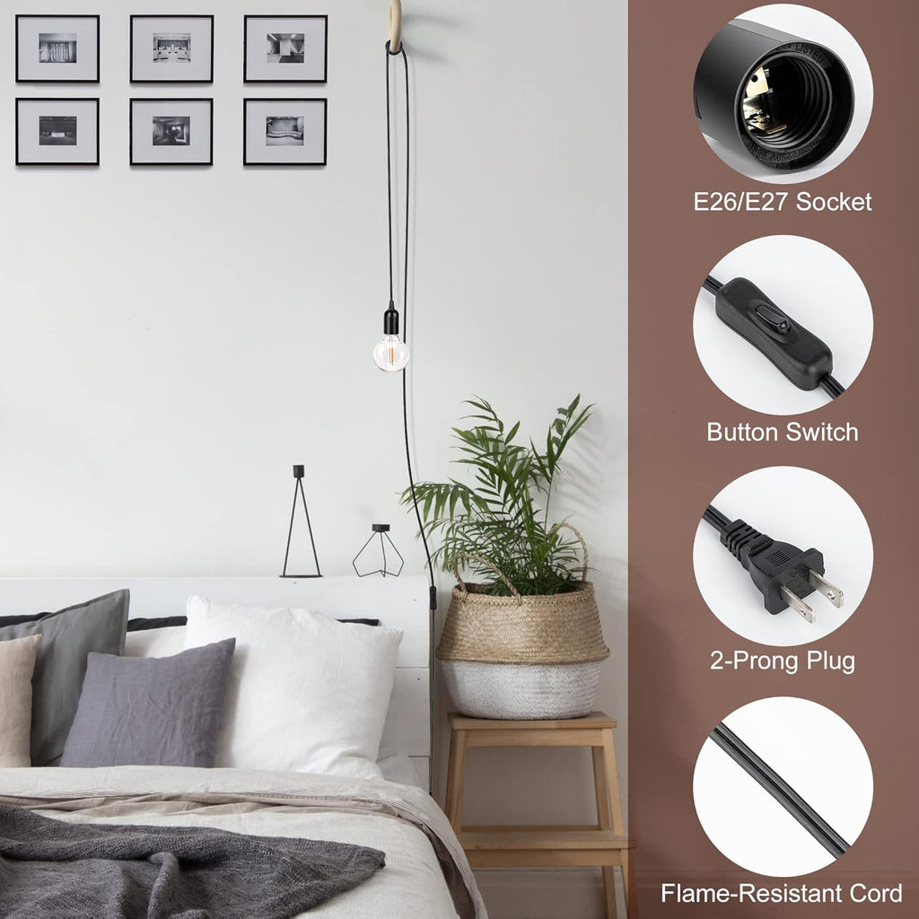 JACKYLED UL-Listed 20Ft Extension Hanging Lantern Cord Cable 2-Pack JACKYLED 360W with E26 E27 Socket On/Off Button Pendant Lighting(Black)