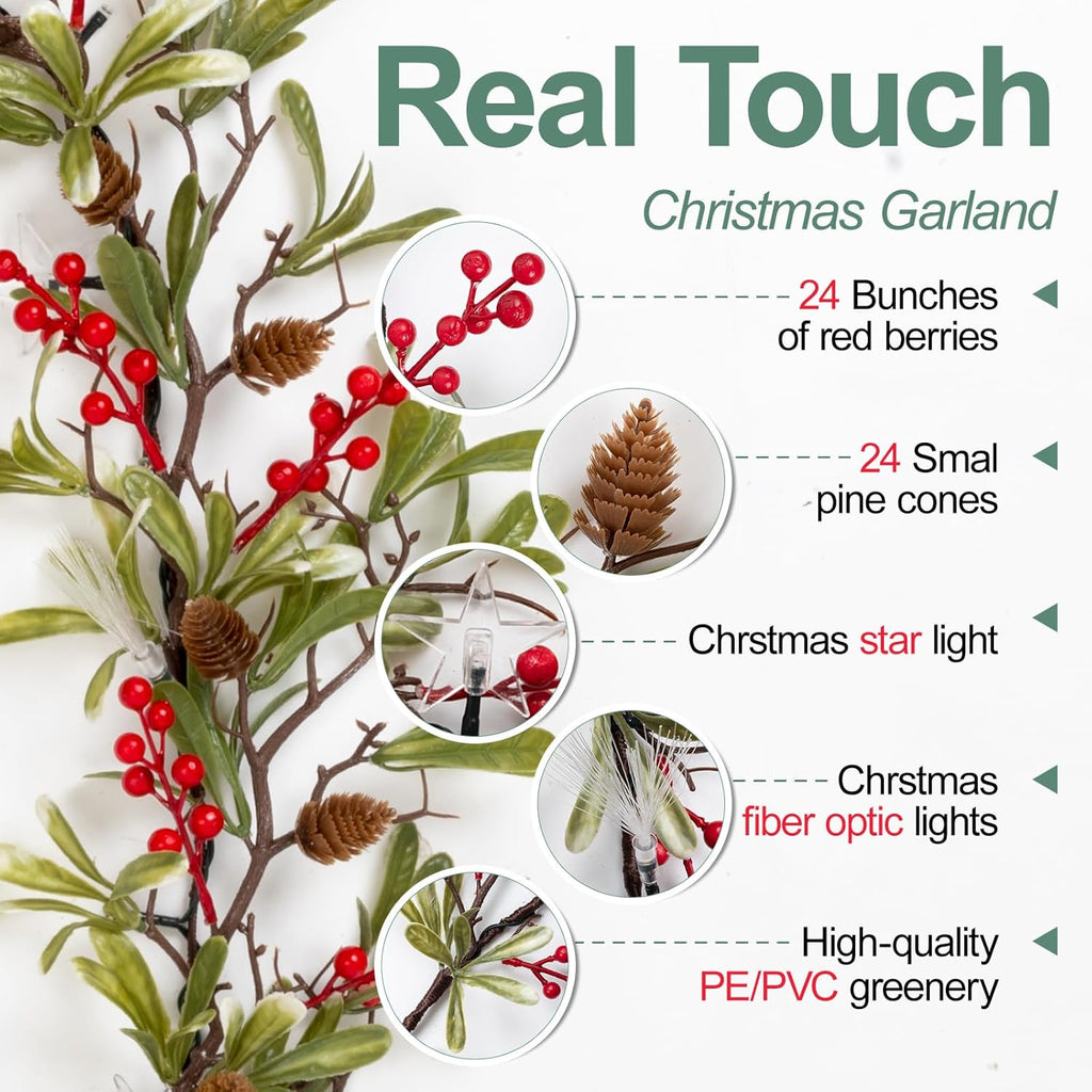 6.5FT Christmas Garland with Star Lights,Prelit Christmas Decorations,Lighted Garland with Battery Operated,Denser Realistic Olive Leaves Greenery Home Decor for Mantle Fireplace Table Indoor Outdoor