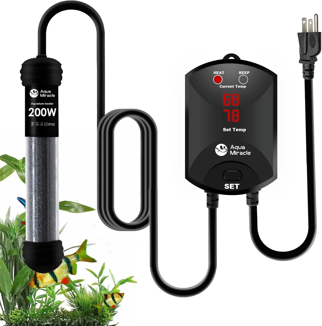 AquaMiracle 200W Small Aquarium Heater Fish Heater, Super Compact Fish Tank Heater Turtle Tank Heater for 20-40 Gal Tanks, with Dual LED Display, Dry-Run/Overheating Protection & Memory Function