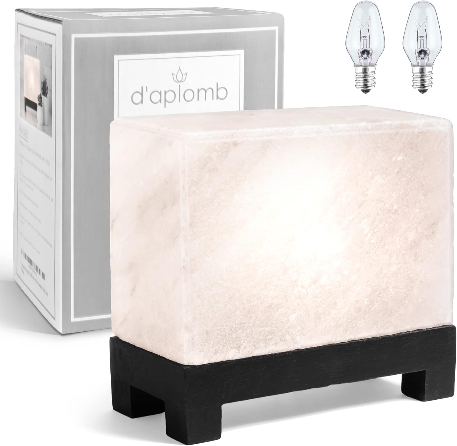 d'aplomb 100% Authentic Natural Himalayan Salt Lamp;Hand-Carved Modern Rectangle Rare White Crystal Rock Salt from The Himalayan Mountain; Footed Wood Base, Dimmer Cord; 11.5 lbs