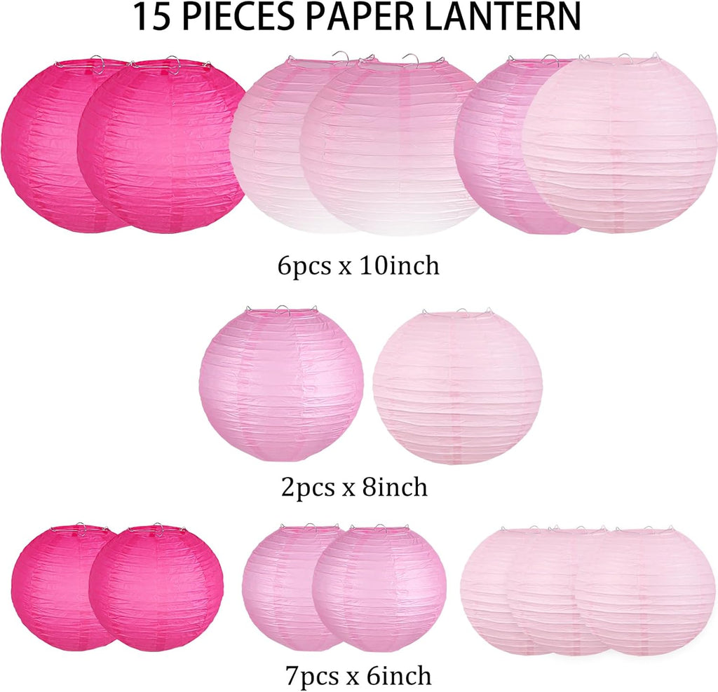 Paper Lanterns Decorative, Gradient Pink Round Hanging Paper Lantern Decorations for Wedding, Valentine's Day, Anniversary, Baby Shower, Girls Birthday Party Supplies, 15Pcs
