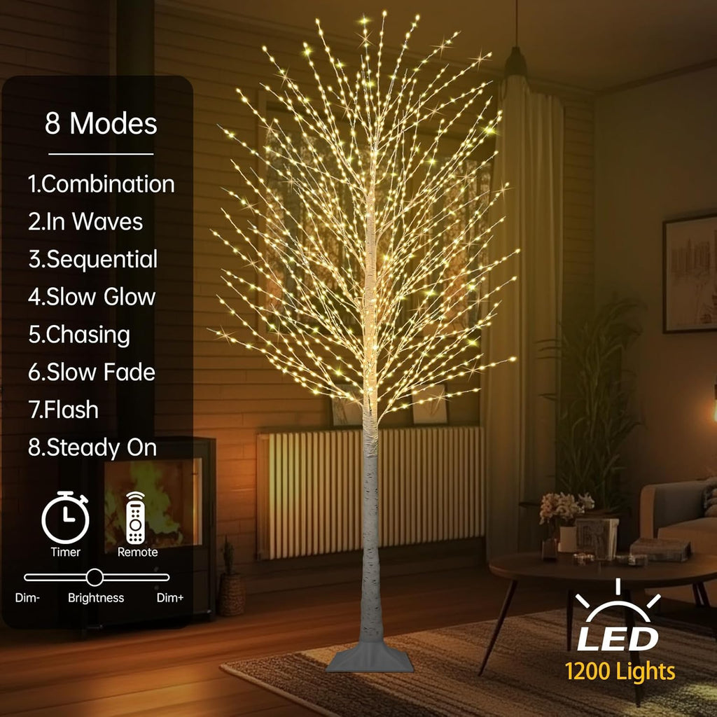 7FT Lighted Birch Tree, Birch Tree with 1200 LED Lights, 8 Twinkling Modes and Timer, Dimmable, Light Up Twig Christmas Tree for Indoor Outdoor Home Party Garden Wedding Decorations
