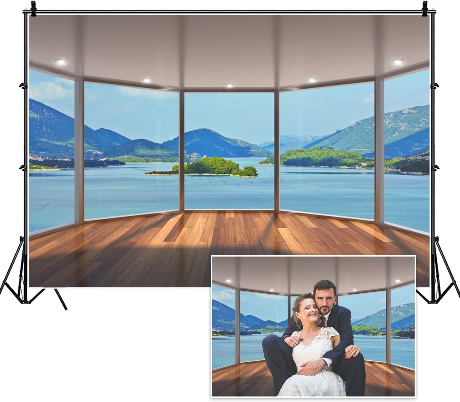7x5ft Beach Backdrop Summer Tropical Wood Balcony Window View Natural Landscape Blue Sky White Cloud Photography Background Party Holiday Birthday Wedding Studio Photo Props Polyester
