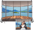 9x6ft Beach Backdrop Summer Tropical Wood Balcony Window View Natural Landscape Blue Sky White Cloud Photography Background Party Holiday Birthday Wedding Studio Photo Props Polyester