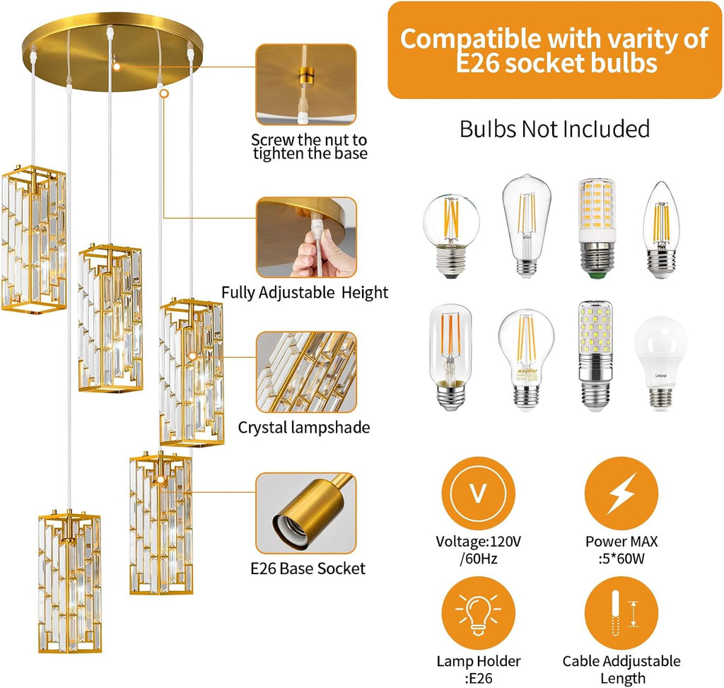 Gold Pendant Lighting Modern Pendant Light, Mini Crystal Chandeliers,Adjustable Pendant Light Fixture for Kitchen Island Dinning Room Bedroom (5 Light)