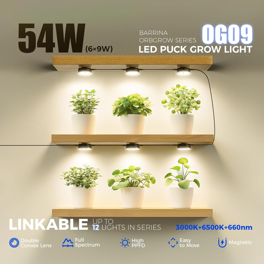 Barrina Orbgrow OG09 Puck LED Grow Light with 660nm Red LEDs, 54W(6 x 9W, 810 Watt Equiv), Plant Lights for Indoor Plants Full Spectrum, Magnetic & Linkable, Small Grow lamp, Seeding, 6 Packs, Black