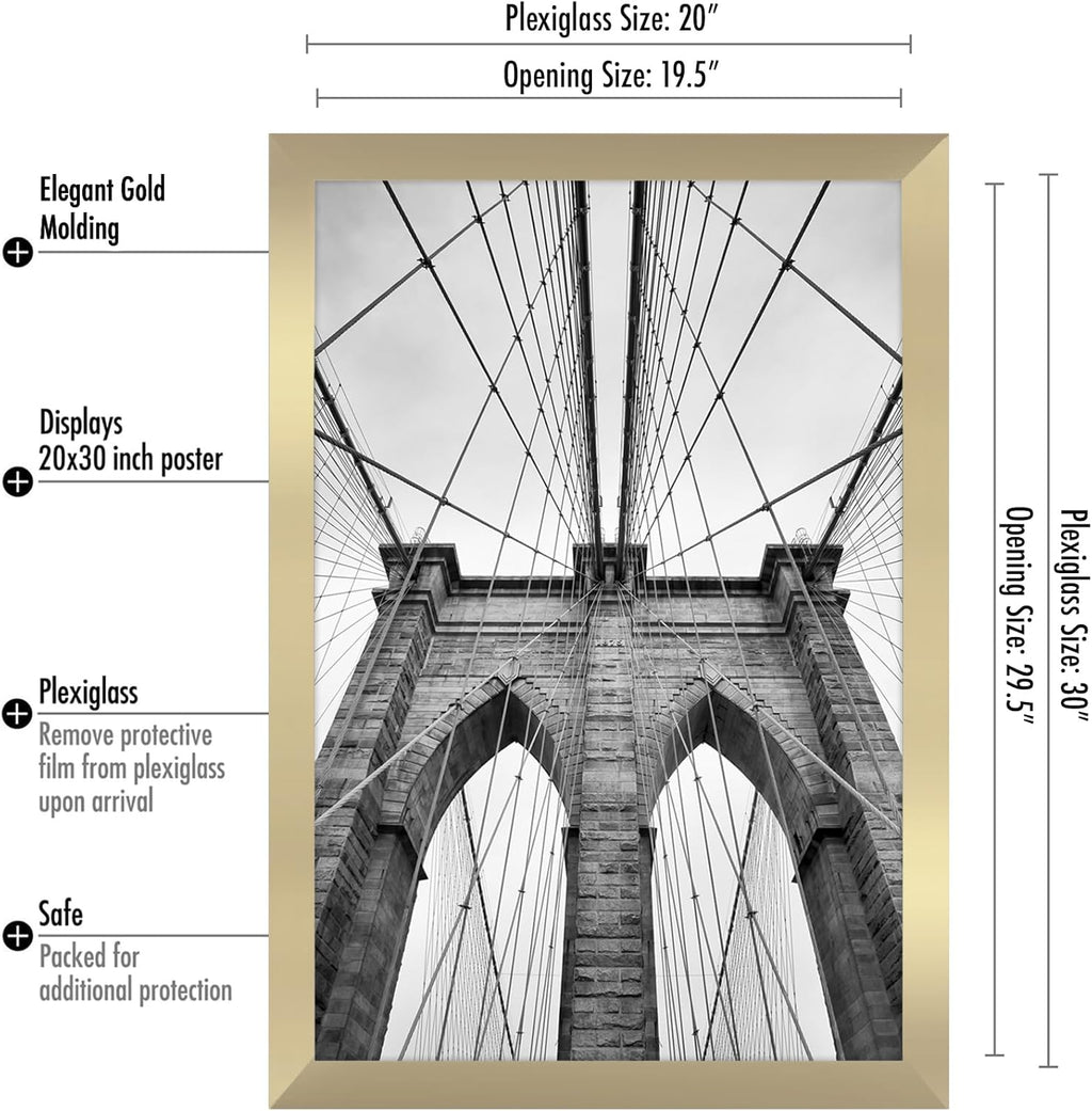 Americanflat 20x30 Poster Frame with Polished Plexiglass - Gold Picture Frame - Wide Photo Frames Made of Engineered Wood for Vertical or Horizontal Wall Display - Epic Collection - Gold