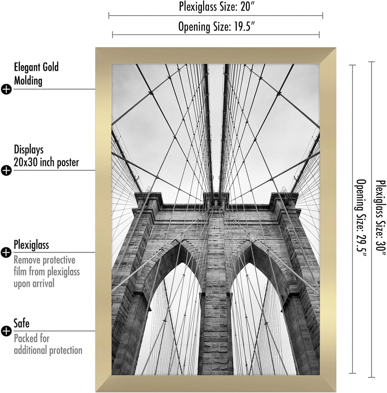 Americanflat 20x30 Poster Frame with Polished Plexiglass - Gold Picture Frame - Wide Photo Frames Made of Engineered Wood for Vertical or Horizontal Wall Display - Epic Collection - Gold