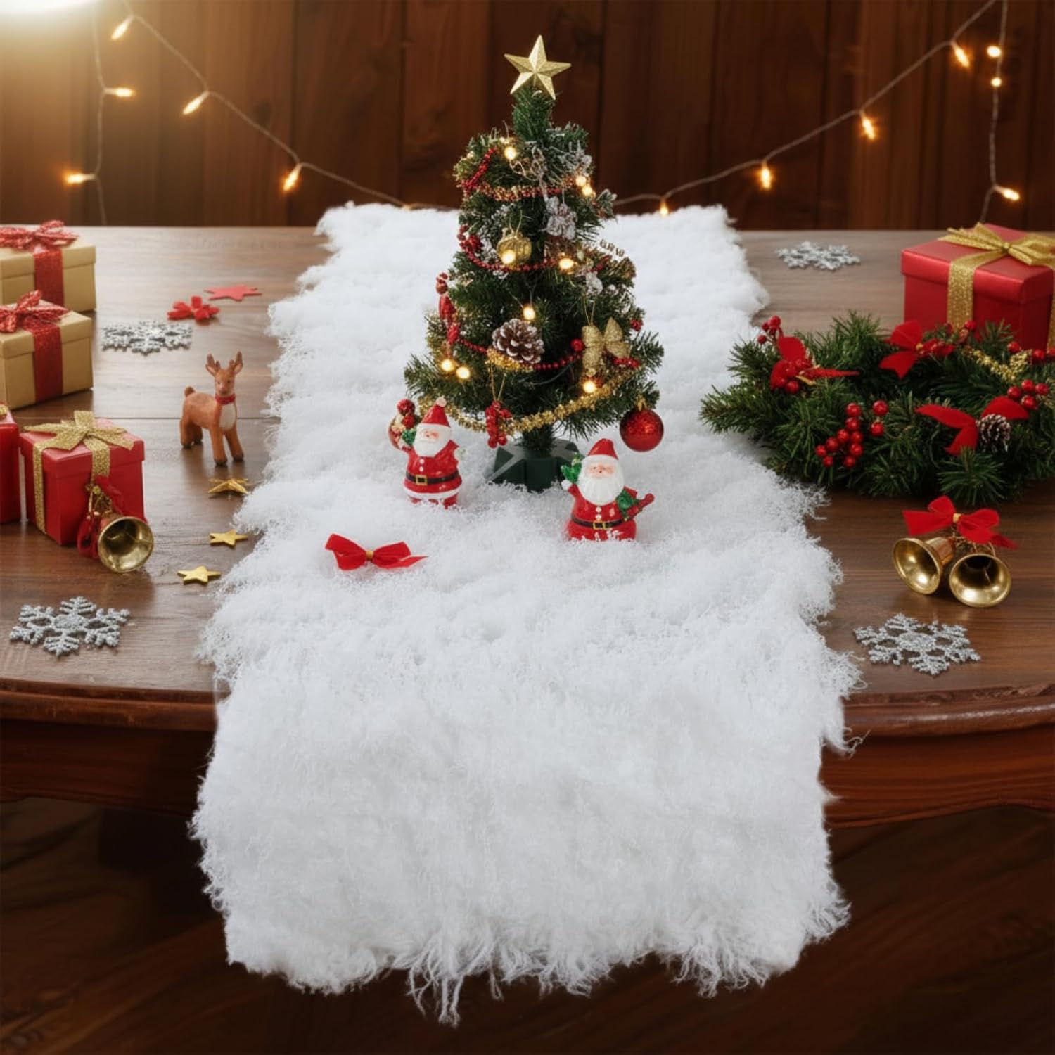 Zeyune 2 Pcs Christmas Fake Moss Table Runner for Crafts 12'' x 71'' Artificial Moss Sheet Roll Waterproof Carpet Blanket for Wall Roof Garden Wedding Birthday Party Table Decoration (White)