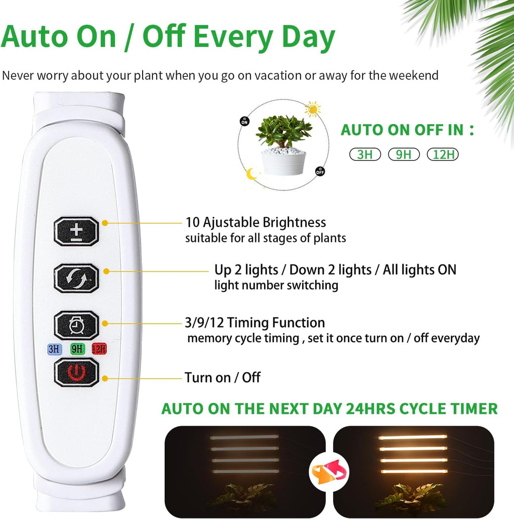 LED Plant Growing lamp, 3500K Full Spectrum Grow Light Strips for Indoor Plants with 3/9/12H Timer & 10 Dimmable Levels, Led Growth Light for Green House Hydroponics Succulent 13In 4Head