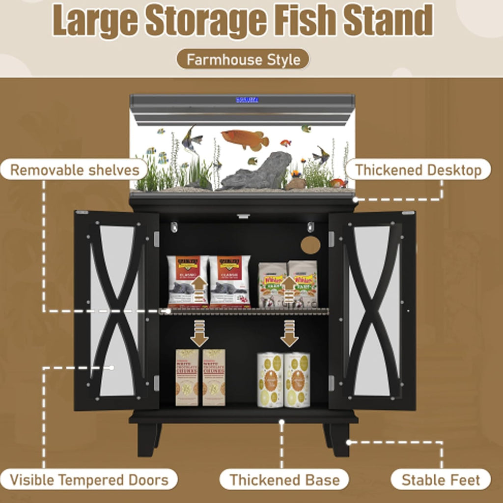 20 Gallon Aquarium Stand With Power Outlets, Farmhouse Fish Tank Stand, Reptile and Terrarium Stand with Cabinet Storage, Sturdy Heavy Duty 20.4" 12",Black