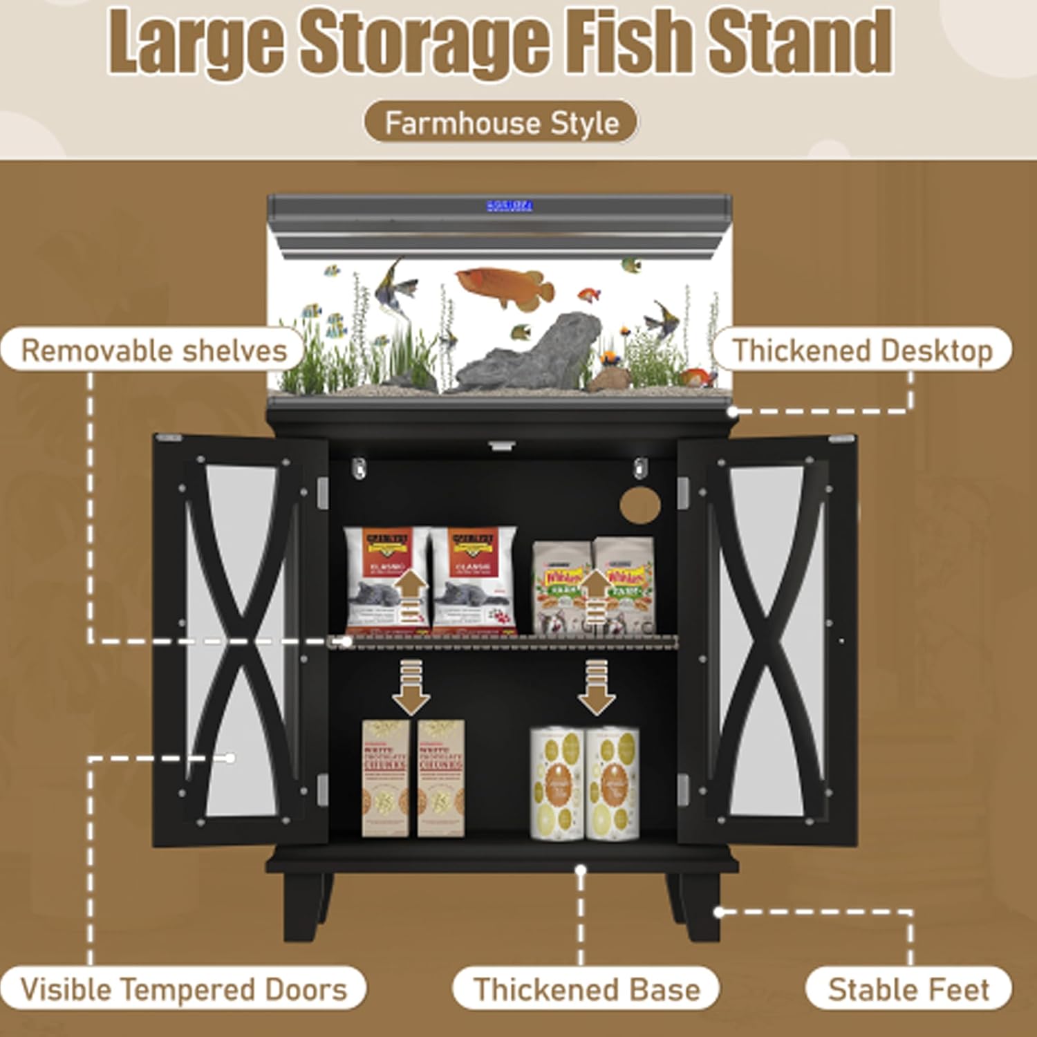 20 Gallon Aquarium Stand With Power Outlets, Farmhouse Fish Tank Stand, Reptile and Terrarium Stand with Cabinet Storage, Sturdy Heavy Duty 20.4" 12",Black