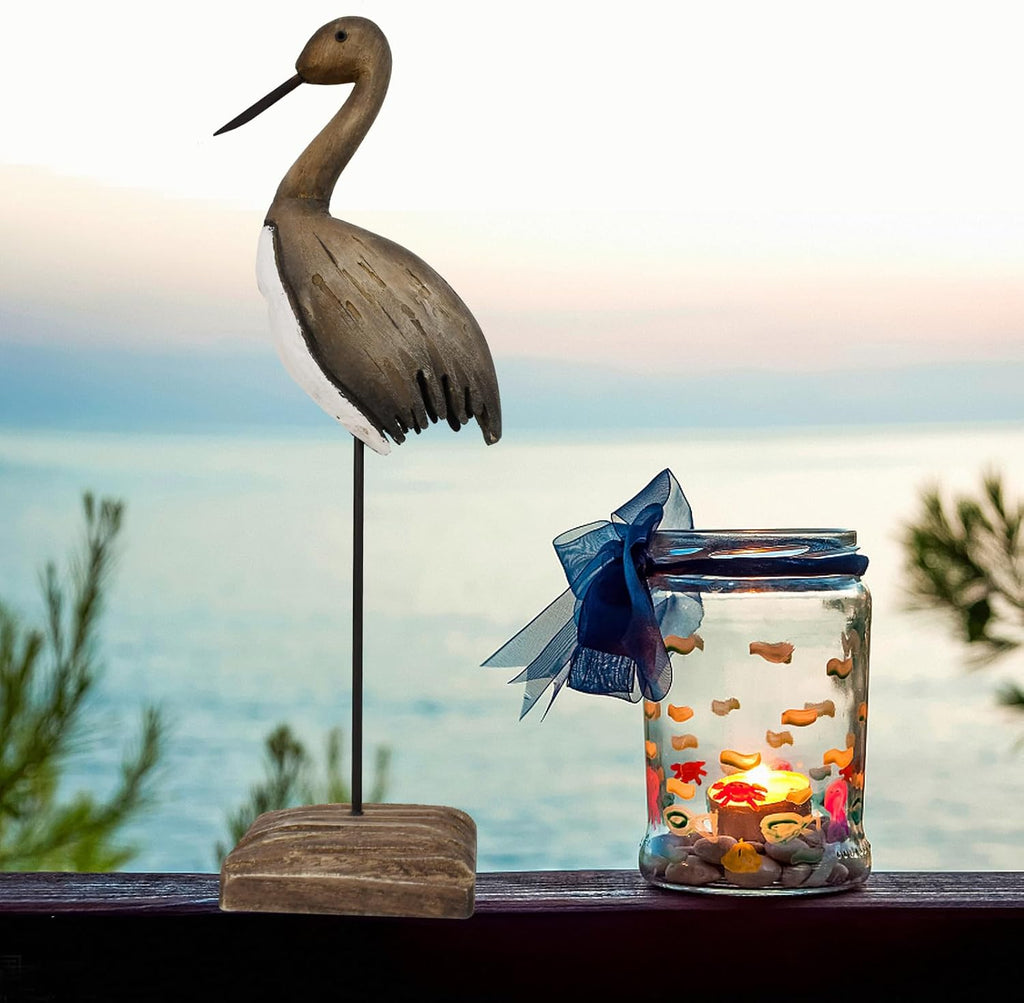 Wood Bird Statue Nautical Decor Decorative Sea Birds Sculpture Wooden Tabletop Figurine Coastal Ocean Beach Themed Decoration for Home Yard Bathroom Living Room (12.4" H)