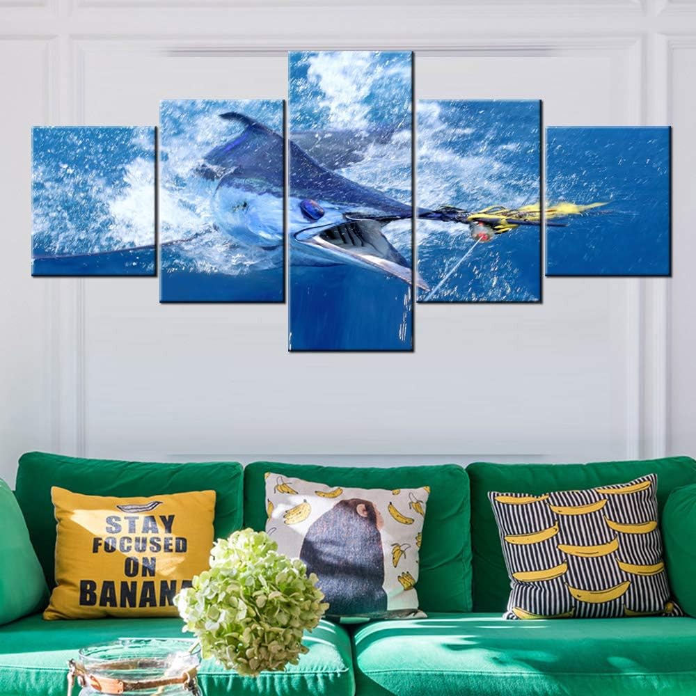 Shark Fish Wall Art for Living Room Big Game Fishing Pictures Blue Sea Paintings Multi Panel Prints on Canvas Ocean Wave Artwork Modern Home Decor Giclee Framed Stretched Ready to Hang(50''W x 24''H)