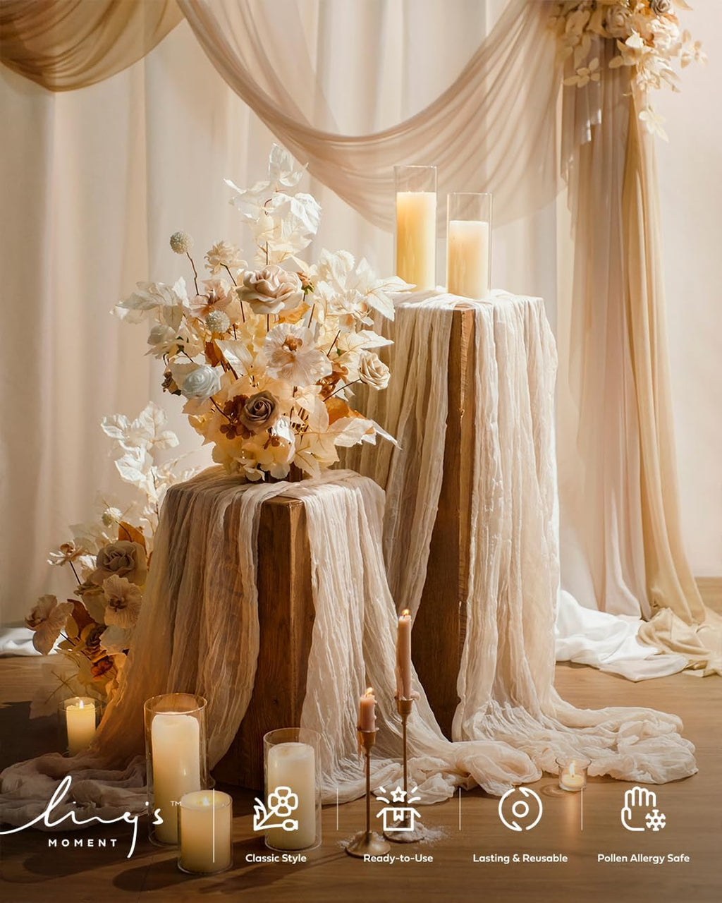 Ling's Moment 14Ft Ivory Cheesecloth Table Runner Beige Extra Long Gauze Semi-Sheer Cream White Table Runners Tablecloth for Wedding Party Bridal Shower Decor