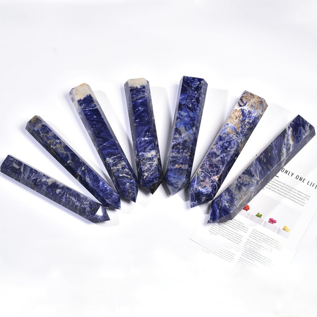 JIC Gem Large Blue Sodalite Obelisk Tower Points Healing Crystal Wand 6 Faceted Blue Quartz Crystals Tower Wand Home Decor Reiki Healing 2.6-3.0 Lbs