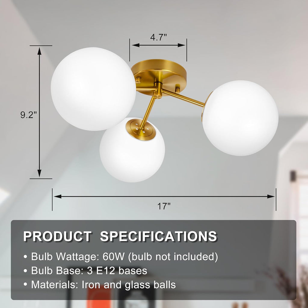 Maxax 17" Gold Ceiling Light, 3 Lights Modern Flush Mount Fixture with Opal Milk Glass Globe, Mid Century Brass Semi Chandelier, Sputnik Ceiling Lamp for Living Room, Dining Room, Bedroom, Entryway