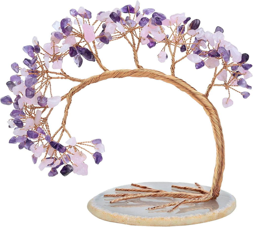 mookaitedecor Natural Amethyst & Rose Quartz Crystal Money Tree Agate Slice Base Feng Shui Bonsai Crystal Tree for Wealth Luck Desk Decor, 4.5-5.2 Inch High