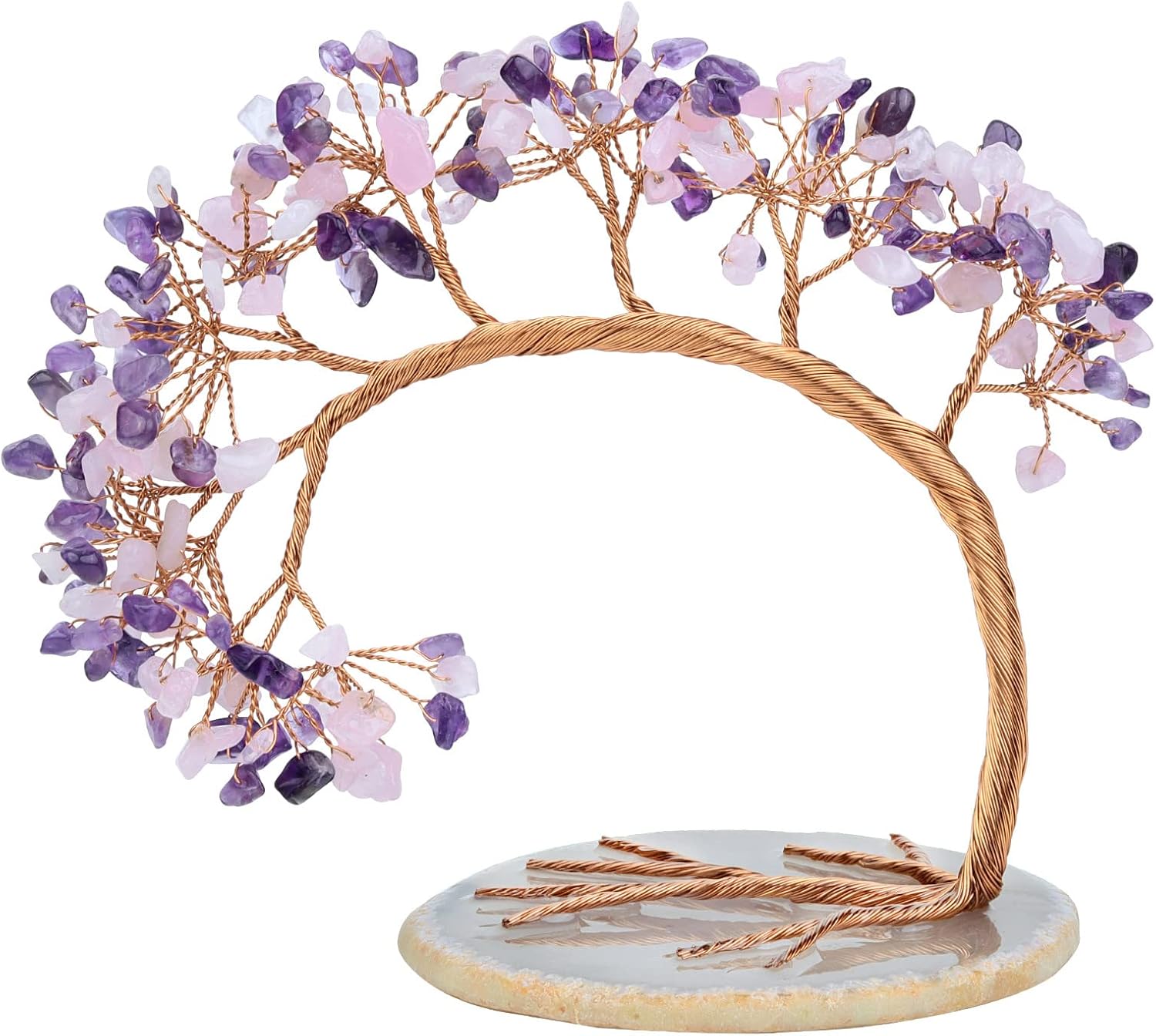 mookaitedecor Natural Amethyst & Rose Quartz Crystal Money Tree Agate Slice Base Feng Shui Bonsai Crystal Tree for Wealth Luck Desk Decor, 4.5-5.2 Inch High