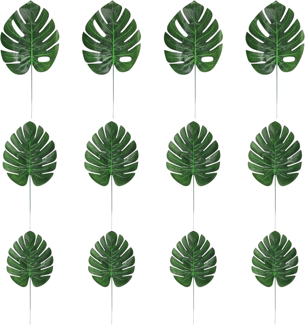CCINEE 24PCS Green Artificial Palm Leaves, Faux Monstera Leaves Simulation Safari Leaves with Stems for Home Hawaiian Luau Party Jungle Beach Theme Party Decoration