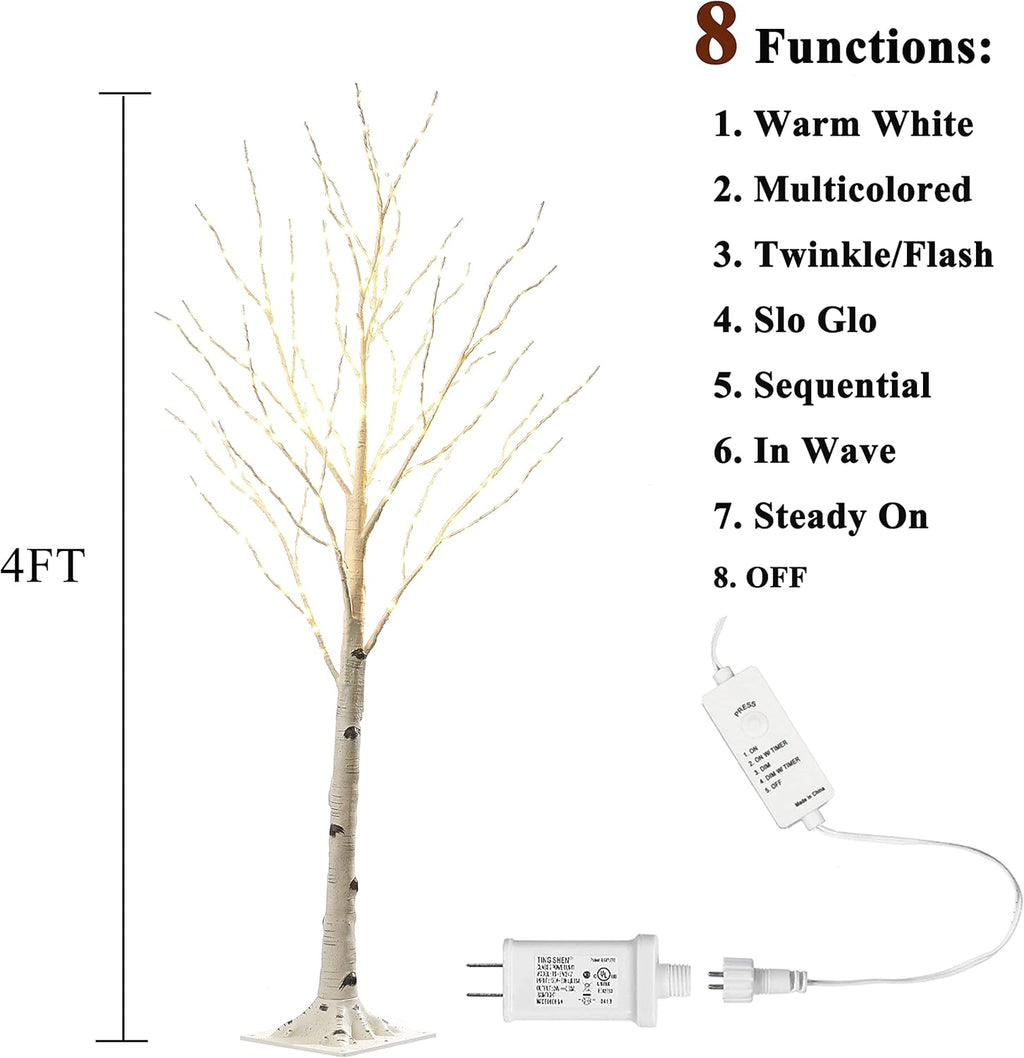 LITBLOOM Lighted Twig Birch Tree Plug in with 8 Functions 4FT 200 Warm White and Multi Color LED Lights for Indoor Outdoor Home Bedroom Christmas Easter Decoration
