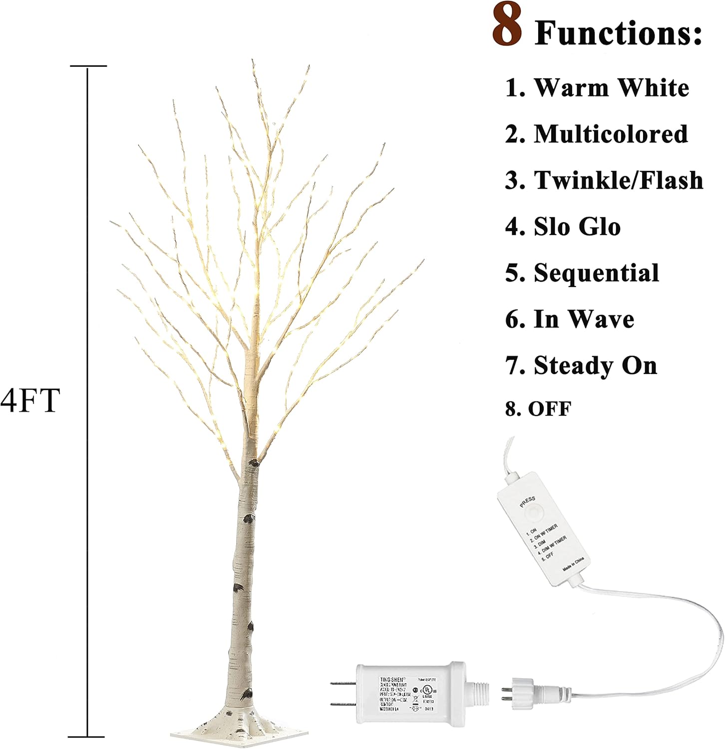 LITBLOOM Lighted Twig Birch Tree Plug in with 8 Functions 4FT 200 Warm White and Multi Color LED Lights for Indoor Outdoor Home Bedroom Christmas Easter Decoration