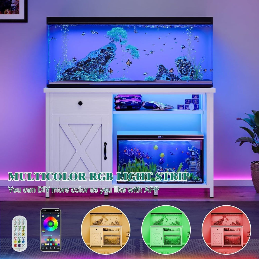 4ever2buy 55-75 Gallon Fish Tank Stand with Power Outlets, LED Light, Heavy Duty Aquarium Stand with Cabinet for Fish Tank Accessories Storage, for Turtle Tank, Reptile Terrarium, 1100LBS, White