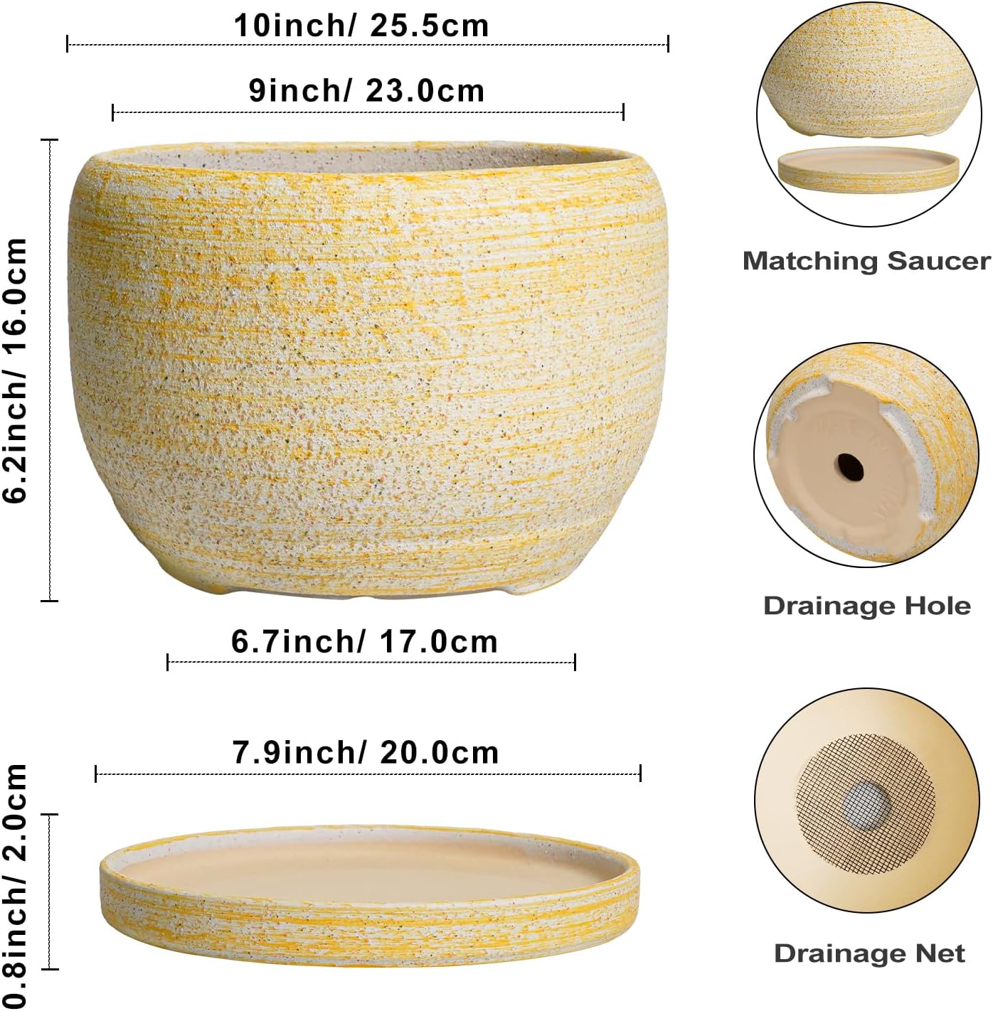SQOWL Ceramic Planters for Indoor Plants - 10 Inch Plant Pot with Drainage Hole and Saucer, Round Ceramic Flower Pot Outdoor, Decorative Large Planter, Office Decor, Gifts for Women Men, Yellow