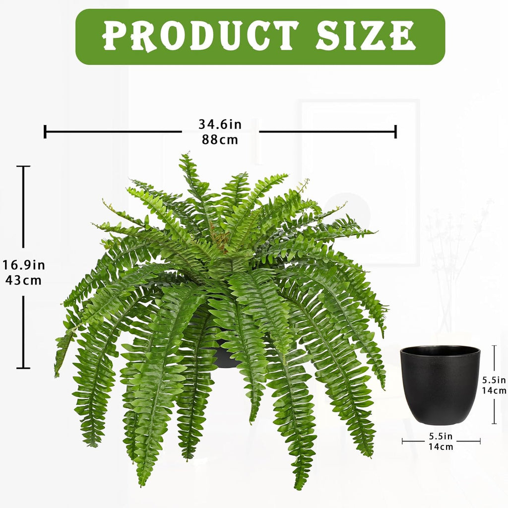 Hollyone Artificial Fern Plants in Pot 34.6" Large Artificial Boston Fern 39 Leaves for Outdoors & Indoor Faux Potted Plant Fake Ferns Bush Plant for Patio Garden Farmhouse Porch Home Decor Green