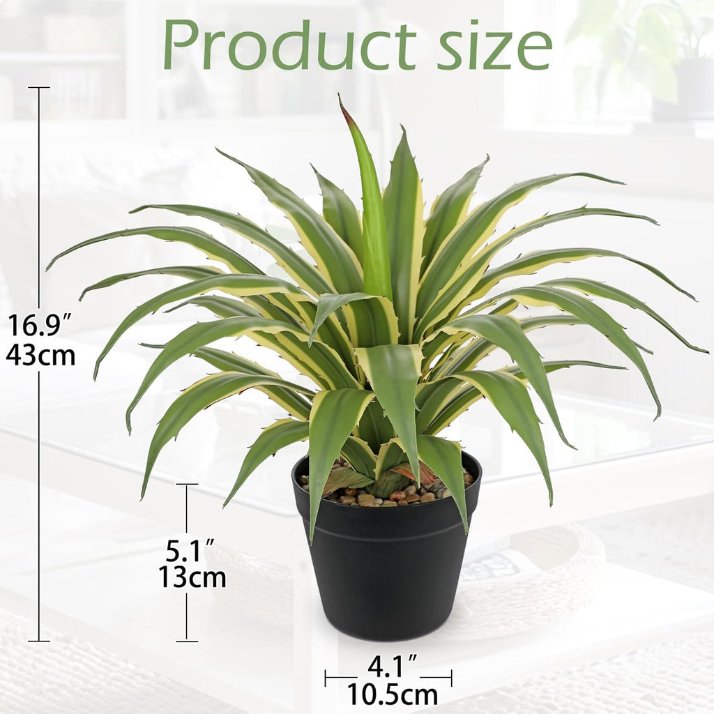 Hollyone Large Artificial Agave Plants 16.9" Tall Fake Agave Plant in Black Pot with Real Stone Pebbles Faux Succulent Aloe Tropical Plants Potted for Indoor Outdoor Home Patio Garden Decor