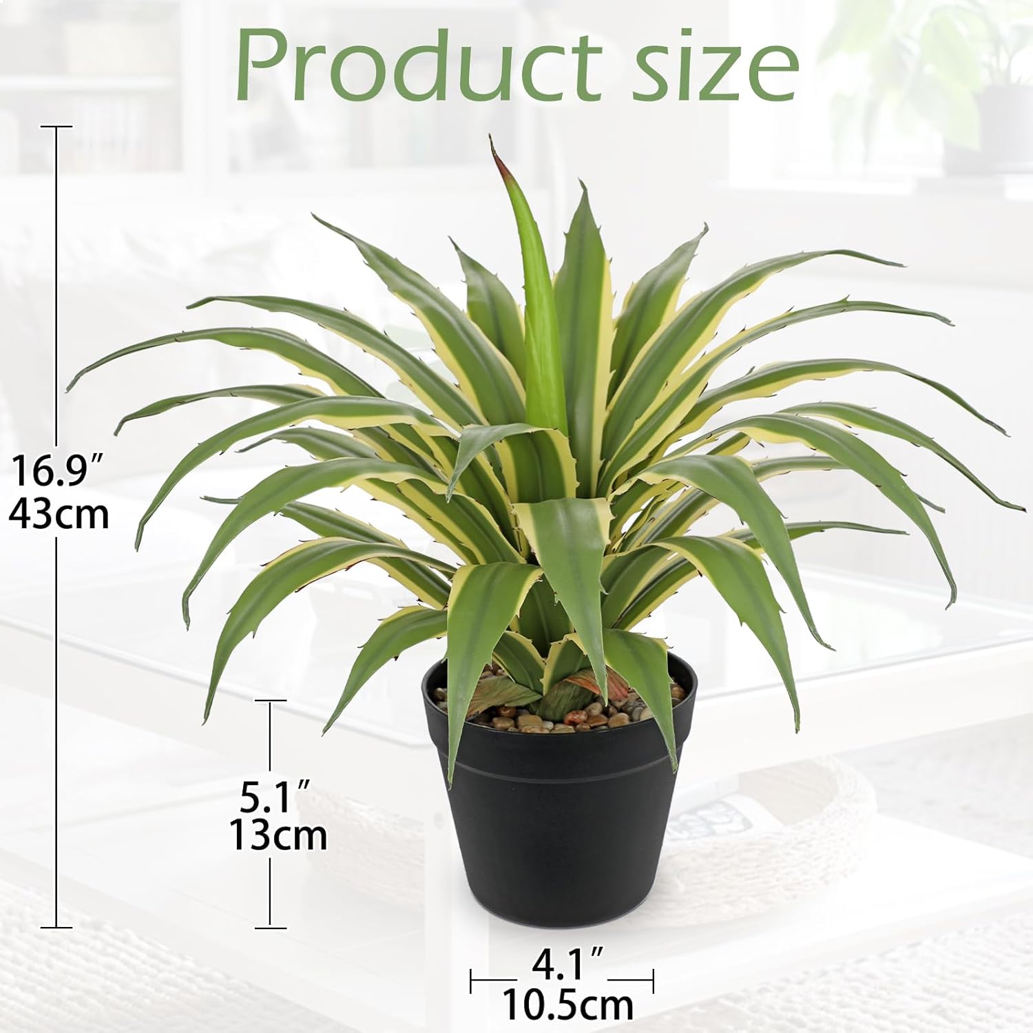 Hollyone Large Artificial Agave Plants 16.9" Tall Fake Agave Plant in Black Pot with Real Stone Pebbles Faux Succulent Aloe Tropical Plants Potted for Indoor Outdoor Home Patio Garden Decor