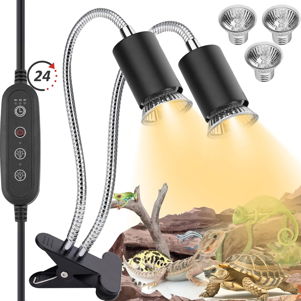 Reptile Heat Lamp,Double-Head Heating Lamp for Reptiles, UVA/B Turtle Lamp with Clamp, Separate Control, Turtle Light,Basking Light for Reptiles Bearded Dragon Turtle Snake, 3 Basking Bulbs.