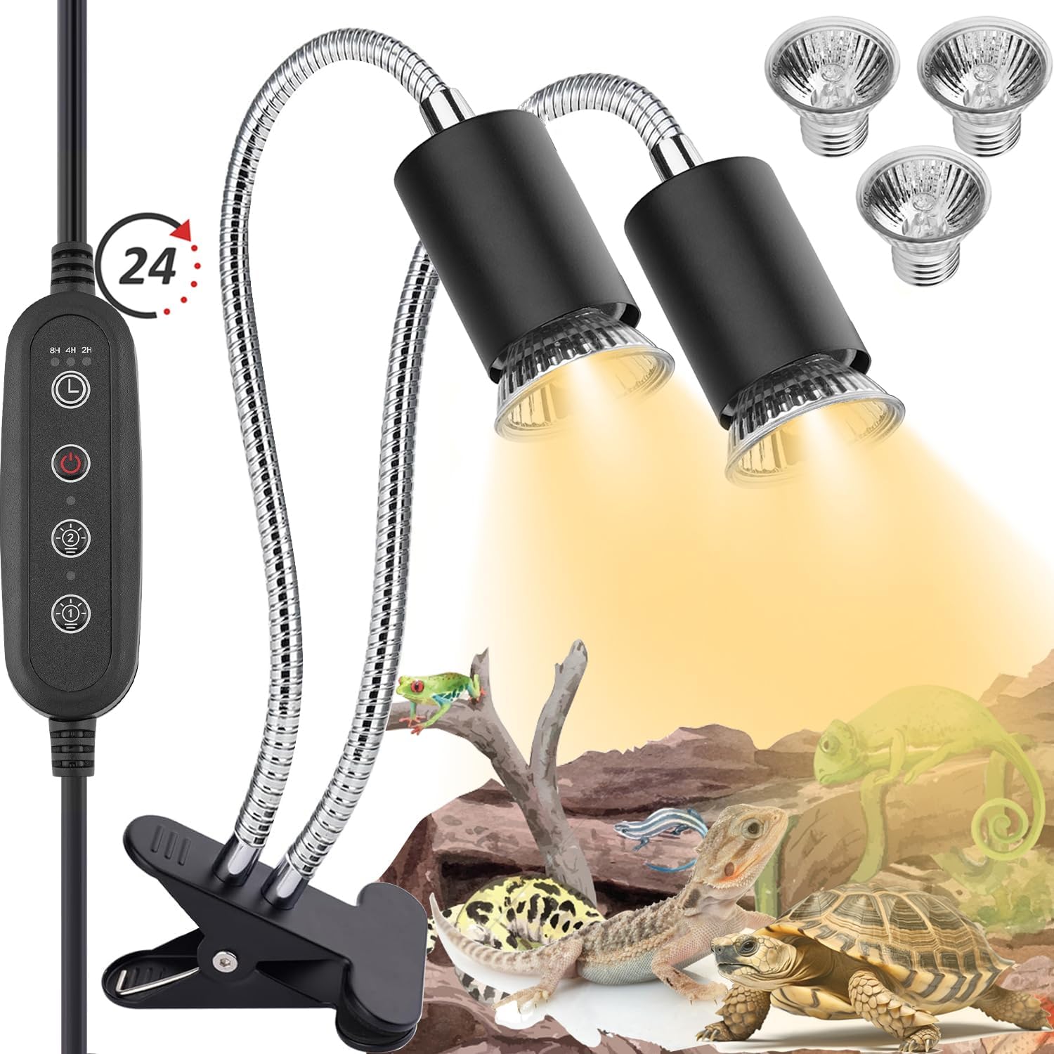 Reptile Heat Lamp,Double-Head Heating Lamp for Reptiles, UVA/B Turtle Lamp with Clamp, Separate Control, Turtle Light,Basking Light for Reptiles Bearded Dragon Turtle Snake, 3 Basking Bulbs.