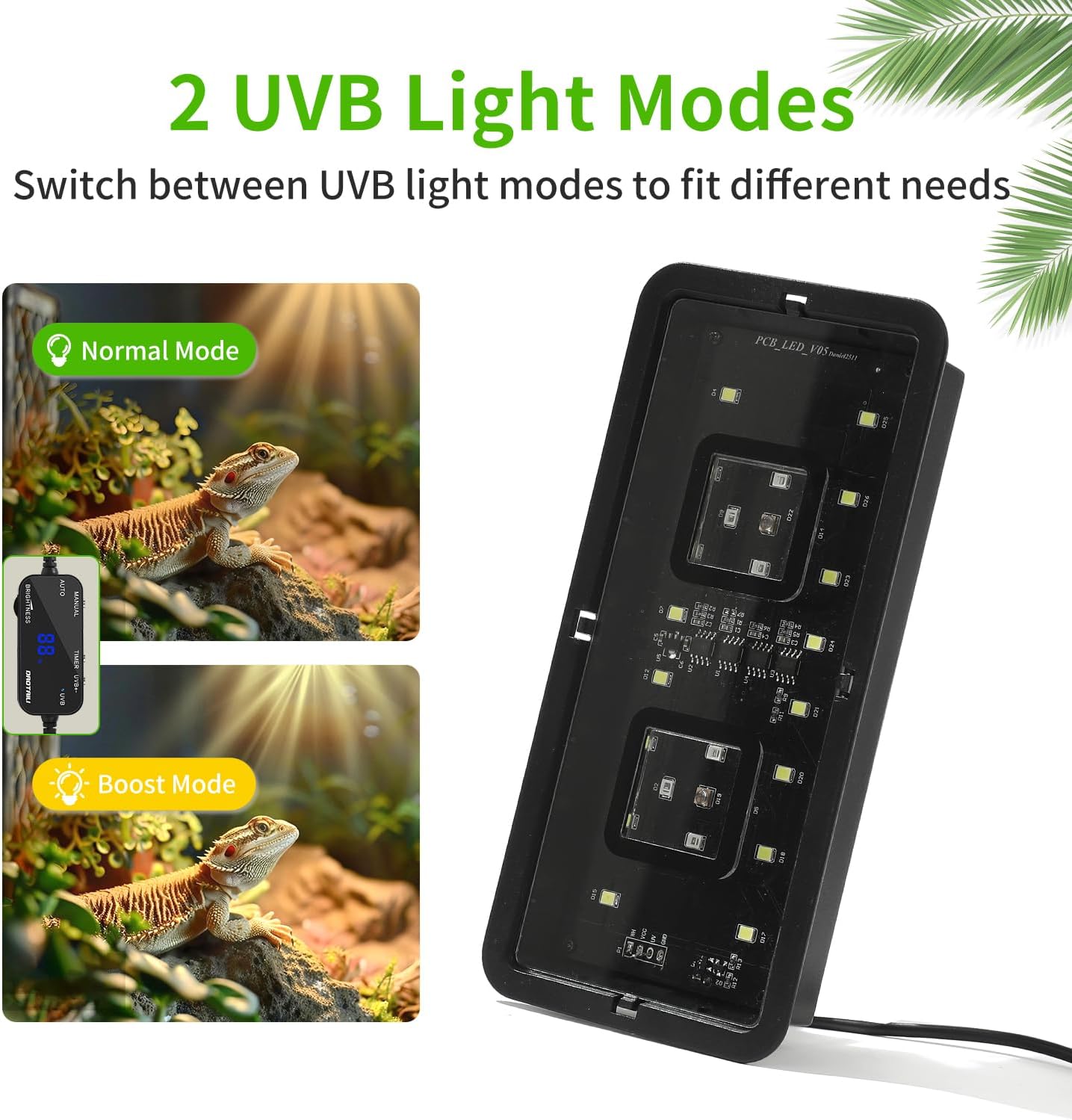 LED UVB Reptile Light – Dual UVA/UVB Lamp with Dimmer, 2 UV Modes, Timer & Fan Cooling, 10W for Turtles, Lizards, Snakes, Glass or Mesh Terrariums (6500K)